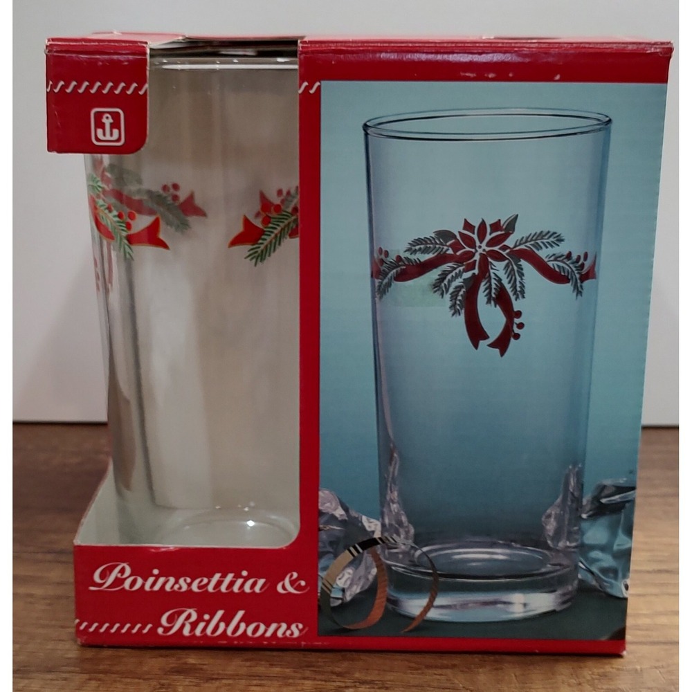 Anchor Hocking Poinsetta & Ribbons Iced Tea Drinking Glasses Set of 4